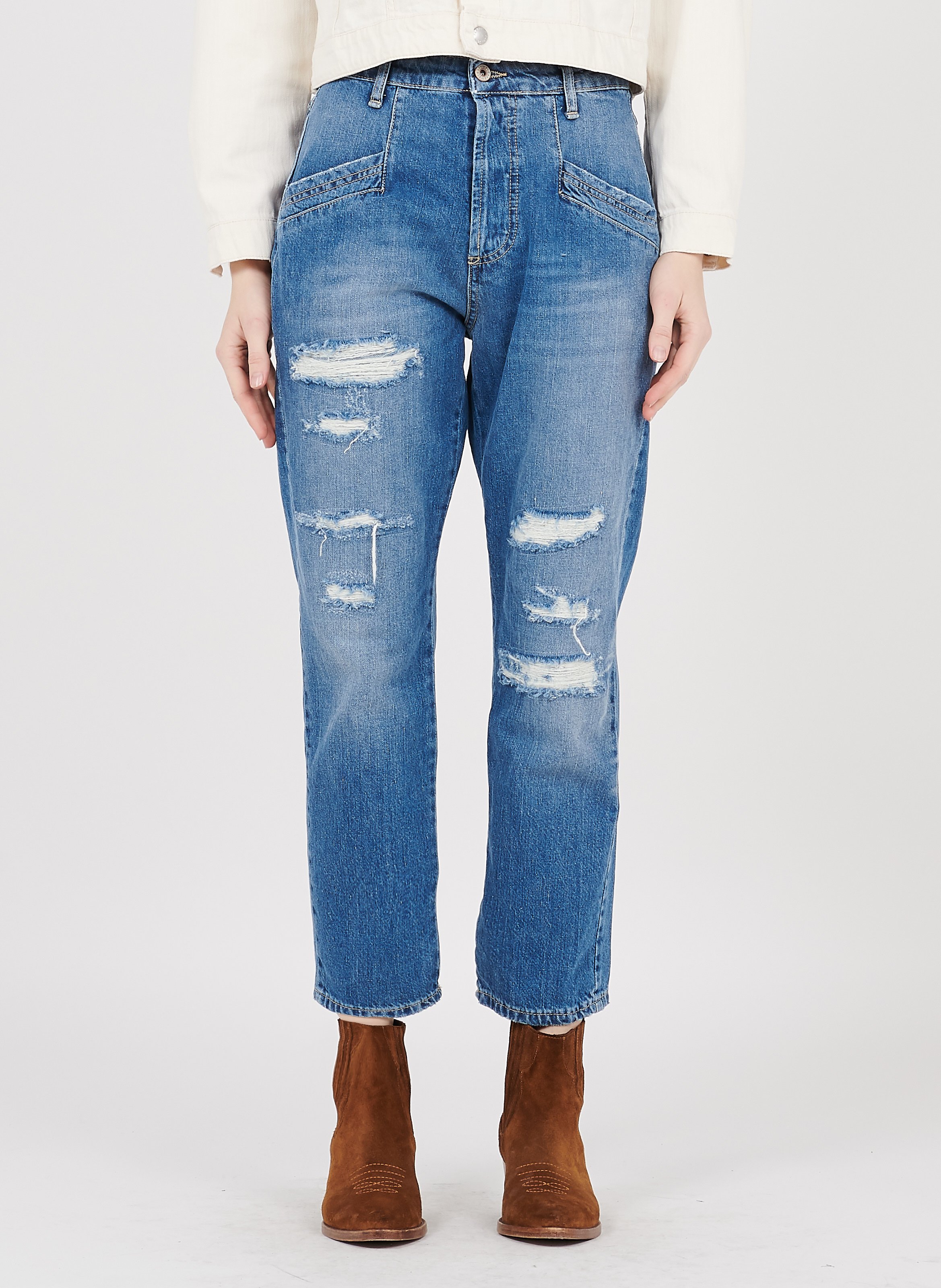 Jeans Boyfriend A Vita Alta Rattoppati Blu Denim Please - Donna | Place des  Tendances