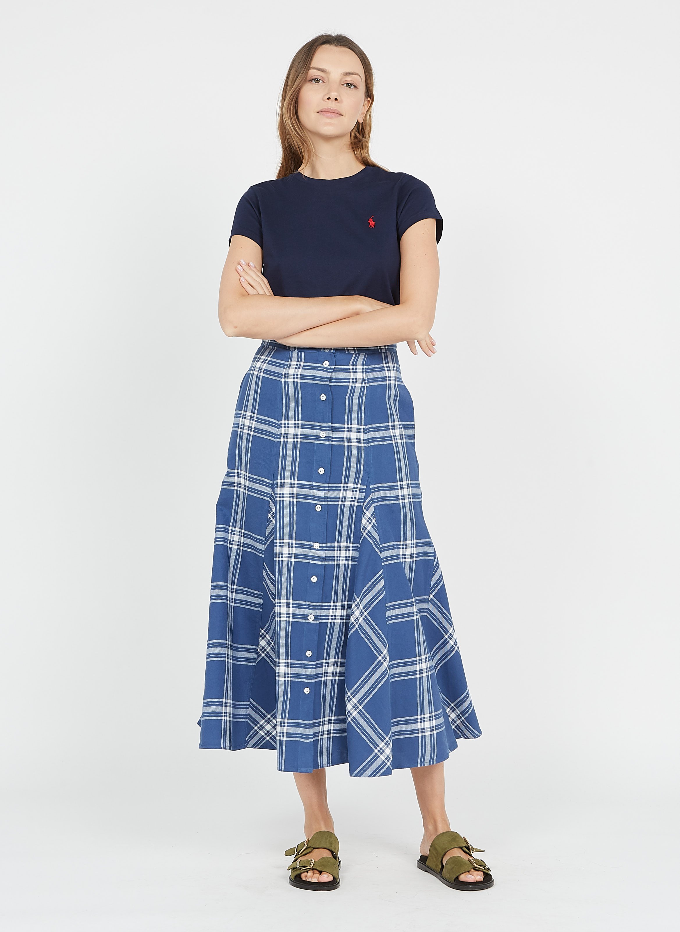 Gonna Midi A Quadri Con Bottoni In Cotone Blue Polo Ralph Lauren - Donna |  Place des Tendances