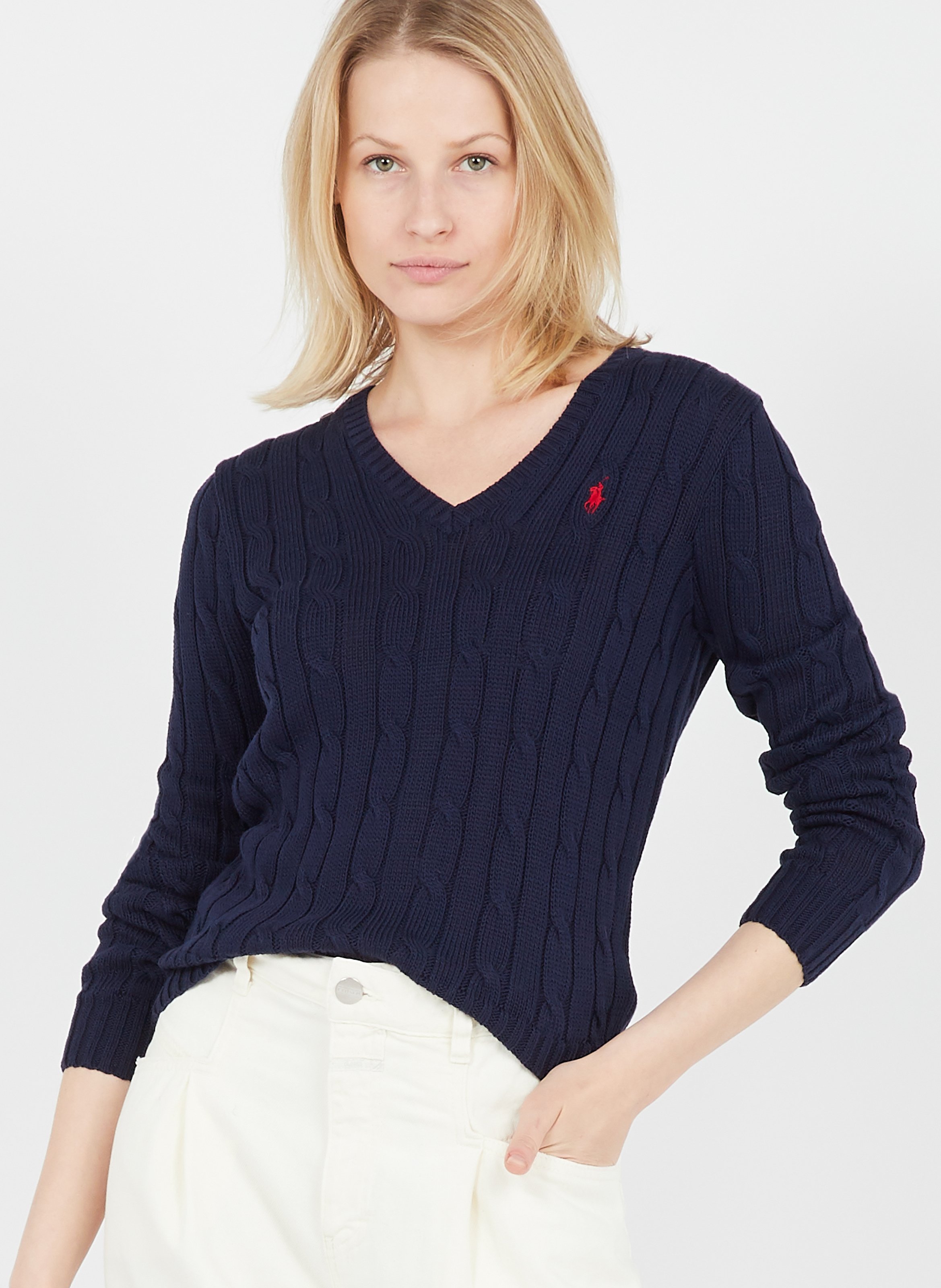 Maglione Scollo A V In Cotone Navy Polo Ralph Lauren - Donna | Place des  Tendances