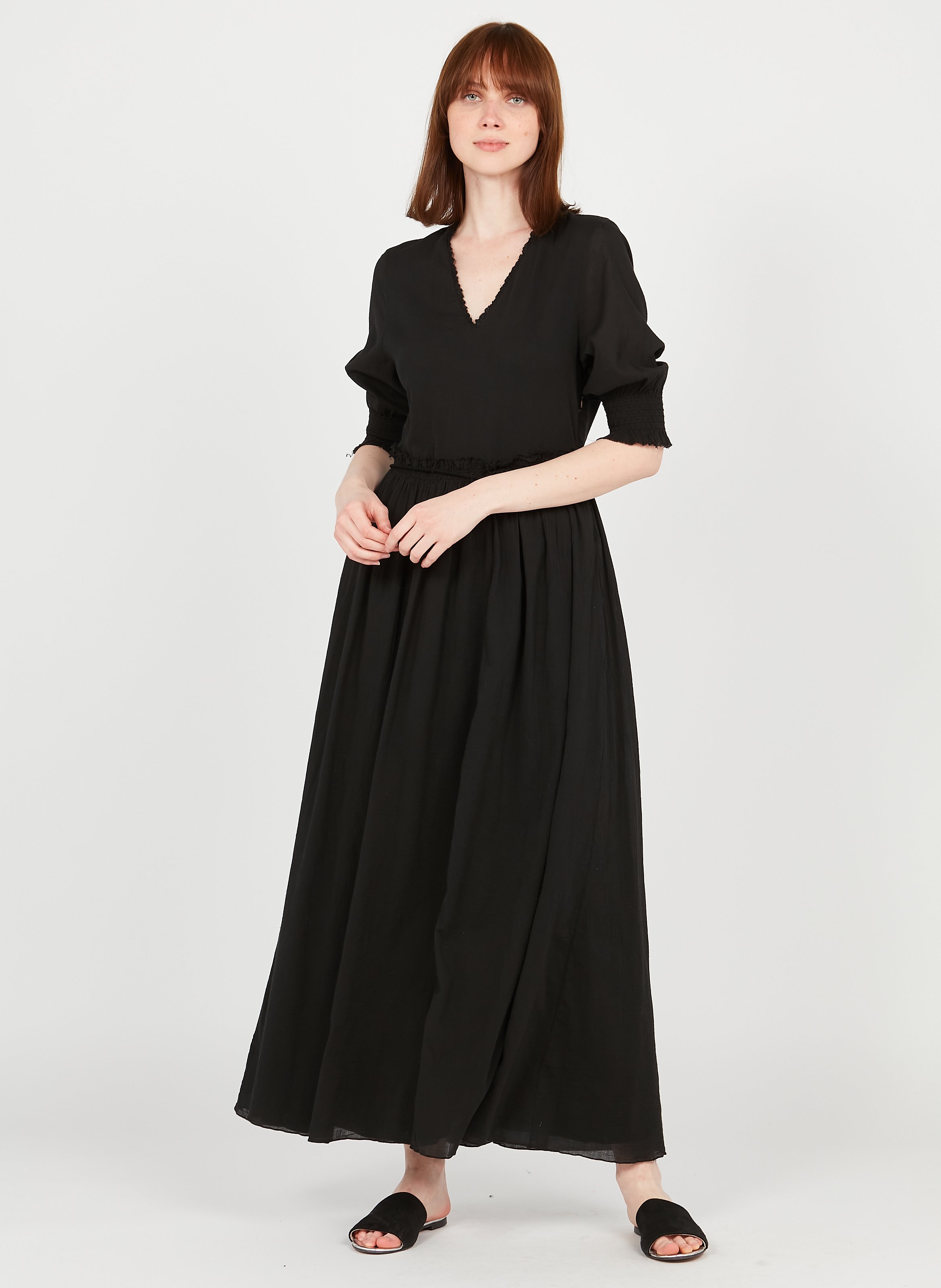 Abito Lungo Scollo A V Ricamato In Cotone Noir Pomandere - Donna | Place  des Tendances