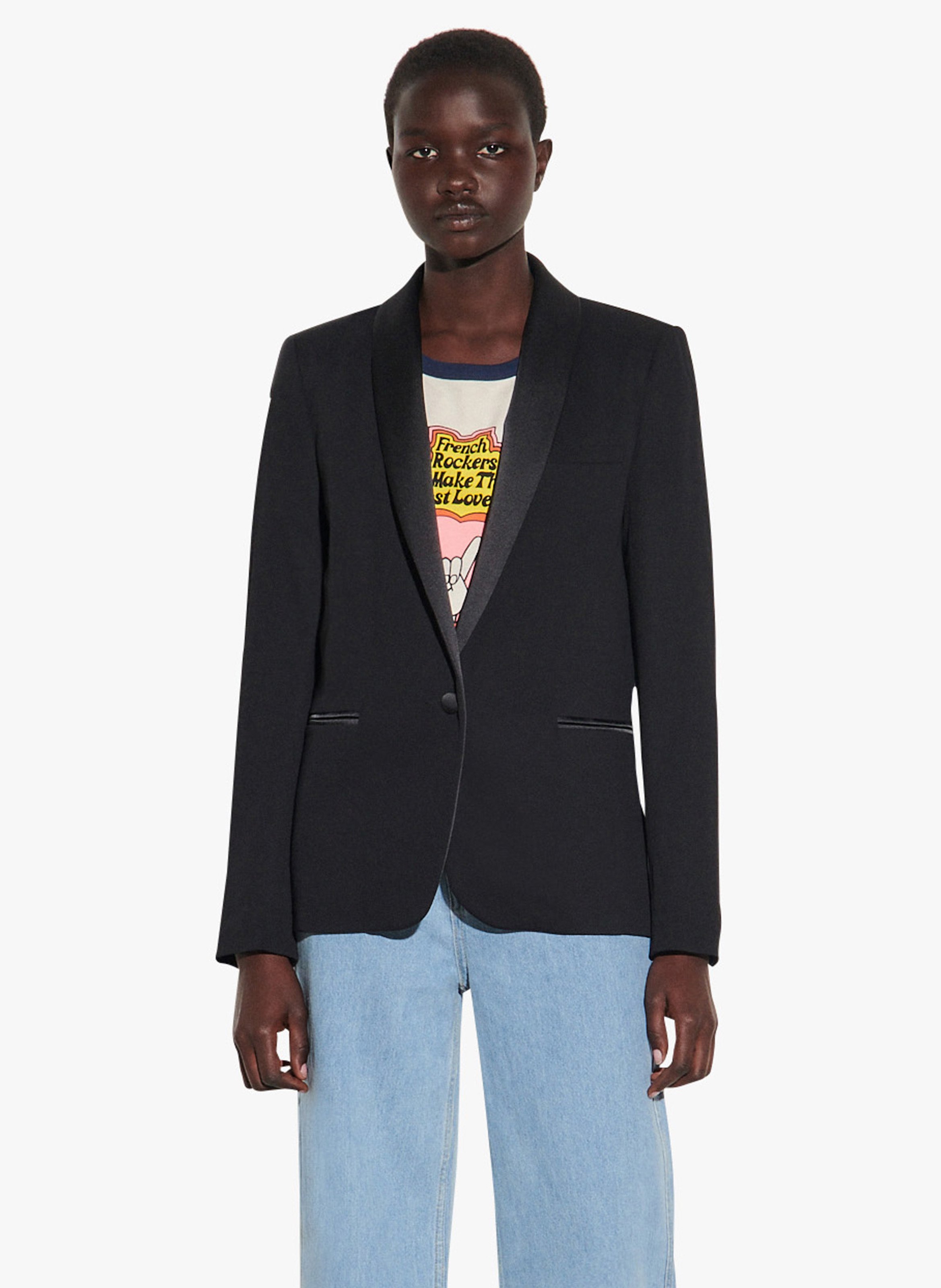 Giacca Smoking Con Applicazione Satinata Noir Sandro - Donna | Place des  Tendances