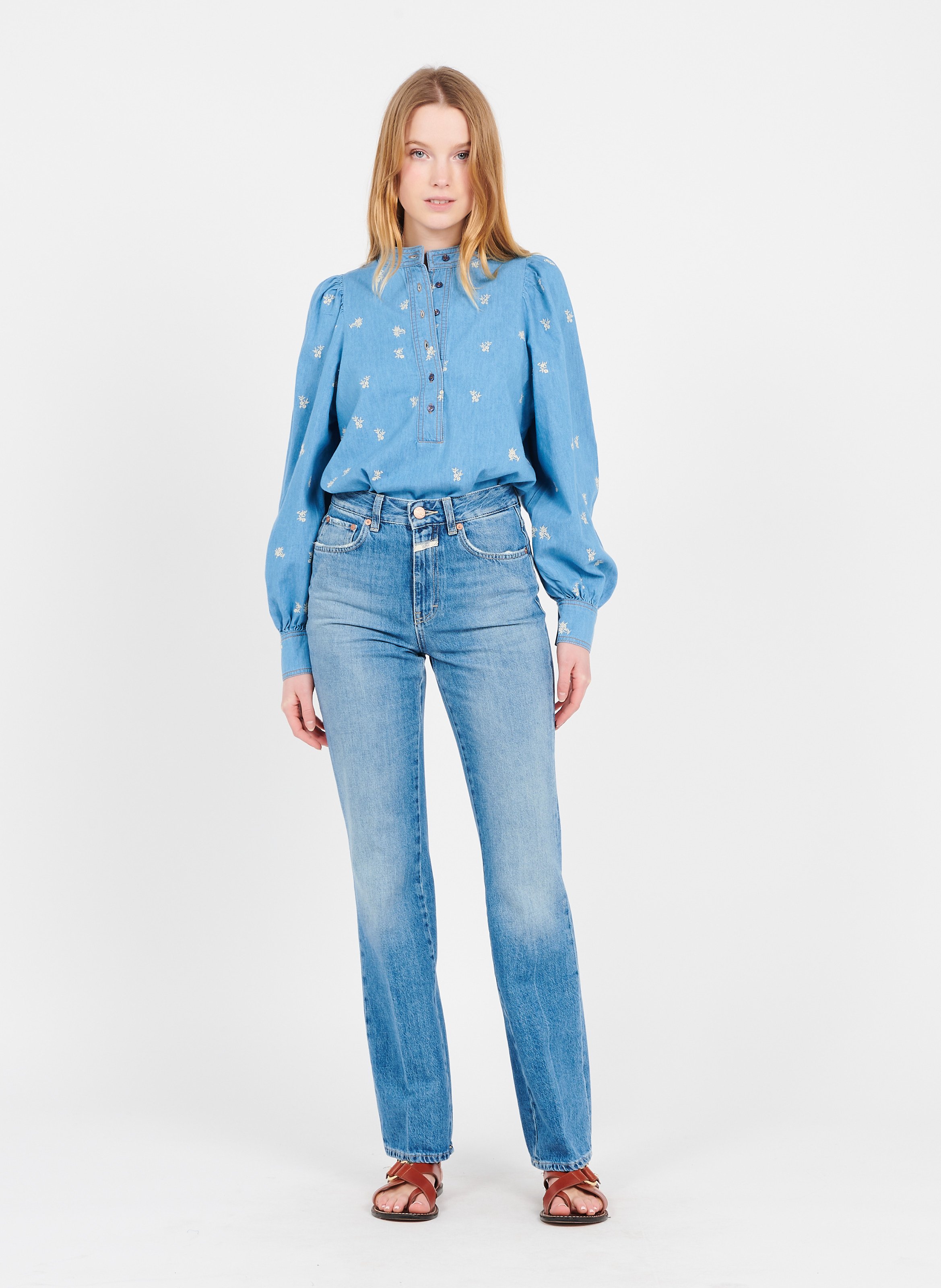 Top Scollo Tondo In Jeans Con Fiori Ricamati Light Blue Denim Second Female  - Donna | Place des Tendances