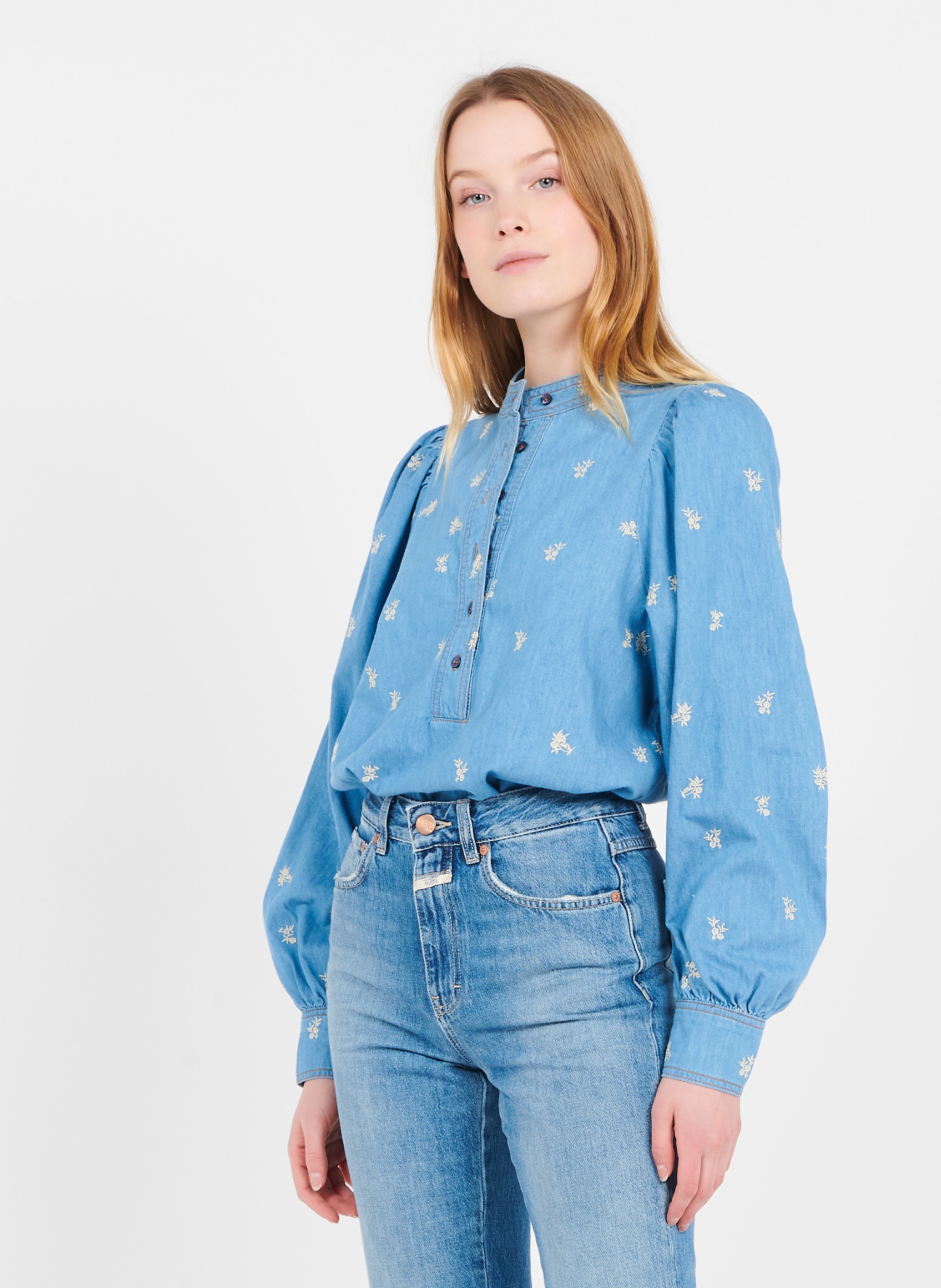Top Scollo Tondo In Jeans Con Fiori Ricamati Light Blue Denim Second Female  - Donna | Place des Tendances