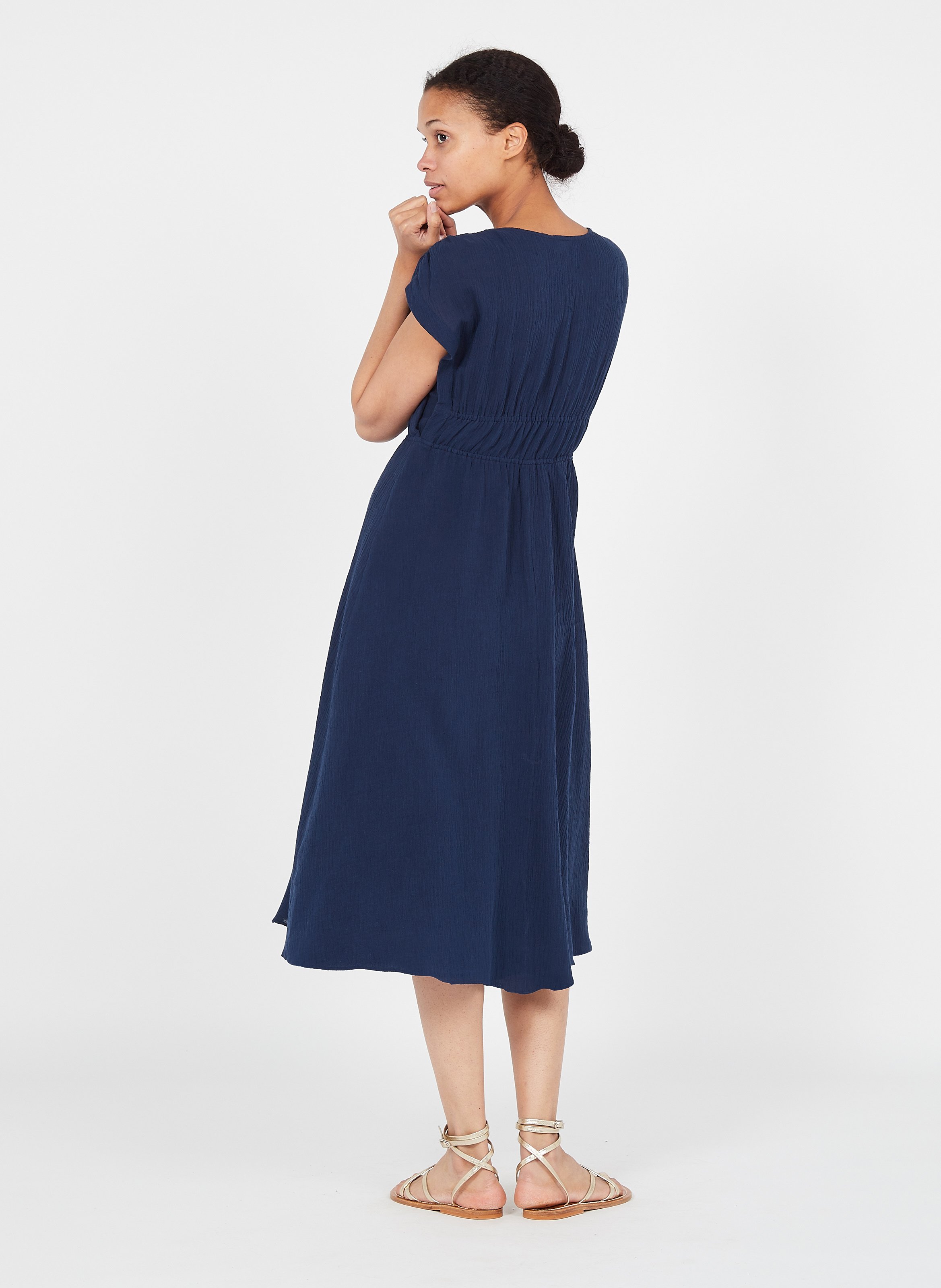 Abito Midi Scollo A V In Cotone E Lino Navy The Korner - Donna | Place des  Tendances