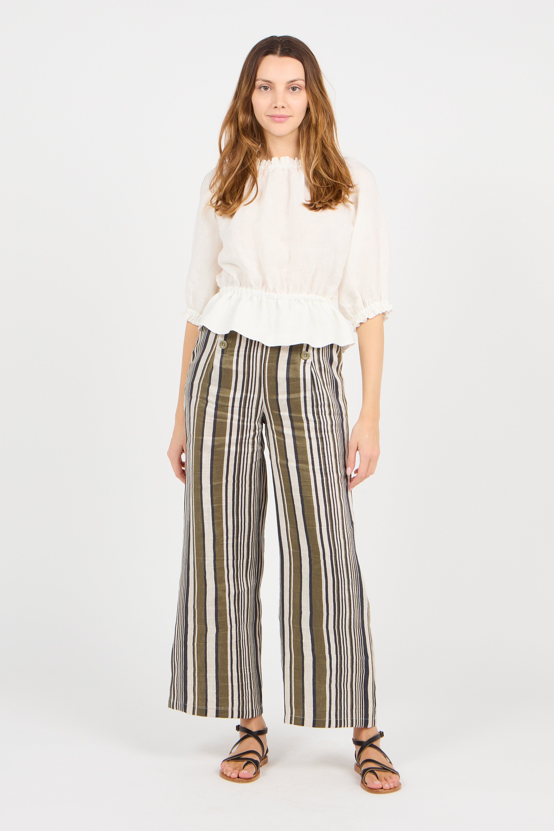 Pantaloni Larghi A Righe In Misto Lino Beige/khaki The Korner - Donna |  Place des Tendances