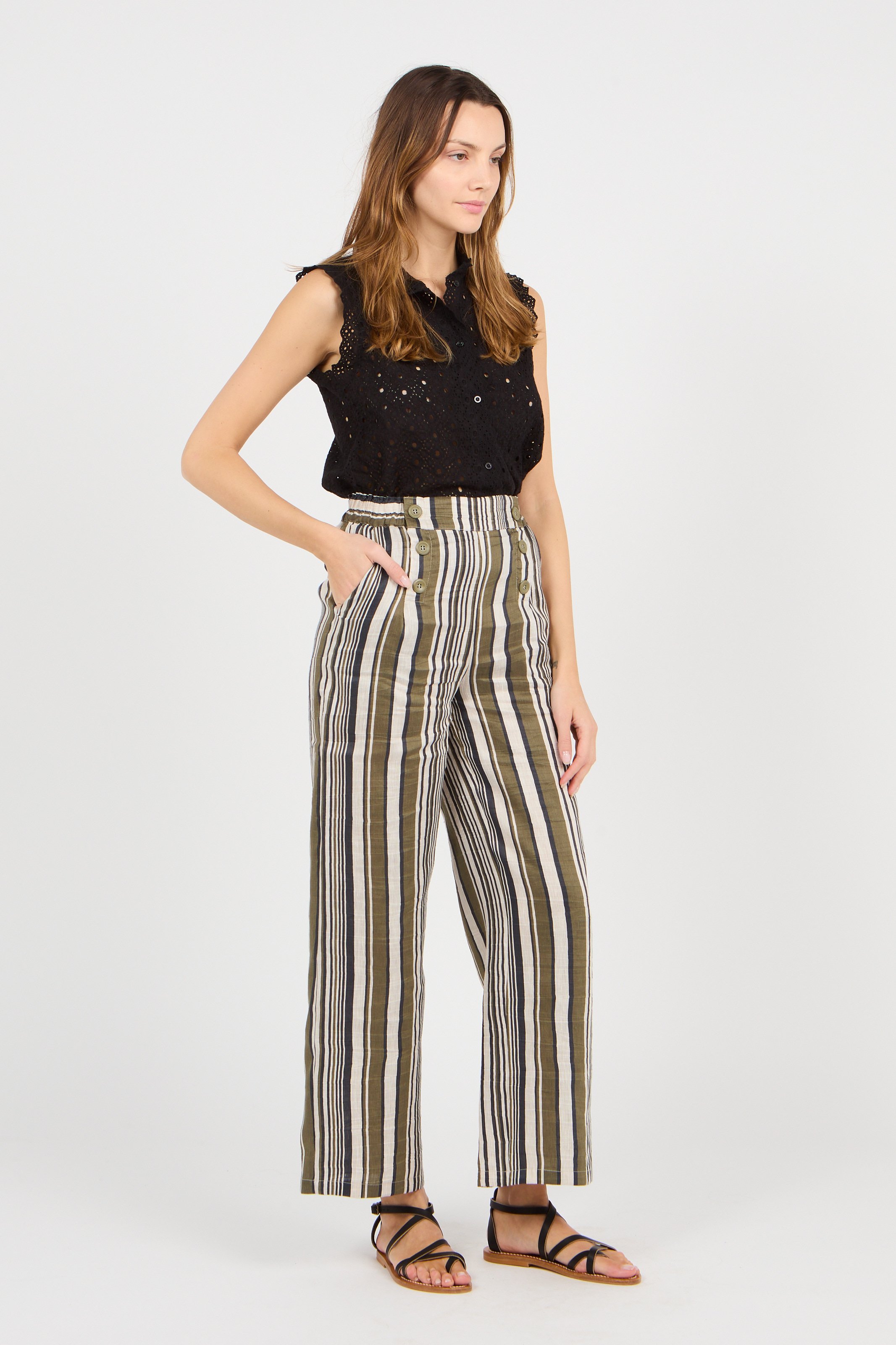 Pantaloni Larghi A Righe In Misto Lino Beige/khaki The Korner - Donna |  Place des Tendances