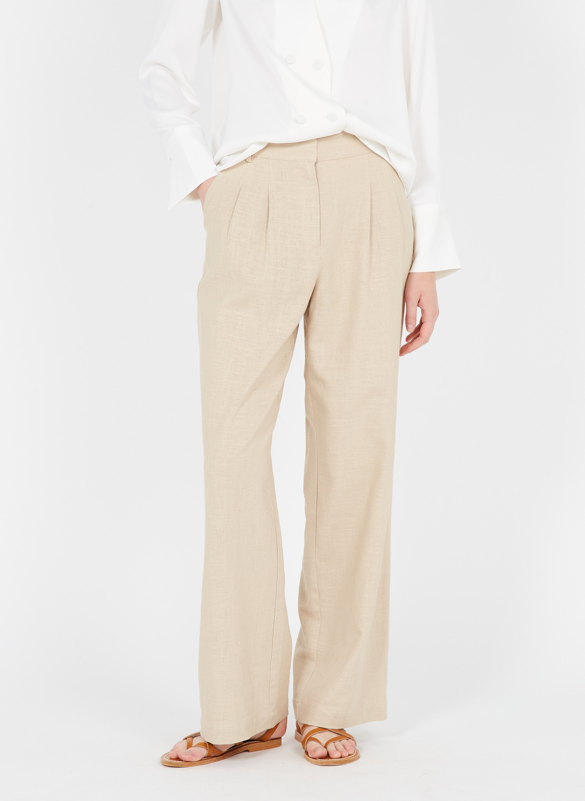 Pantaloni Larghi In Misto Lino Oxford Tan Yas - Donna | Place des Tendances