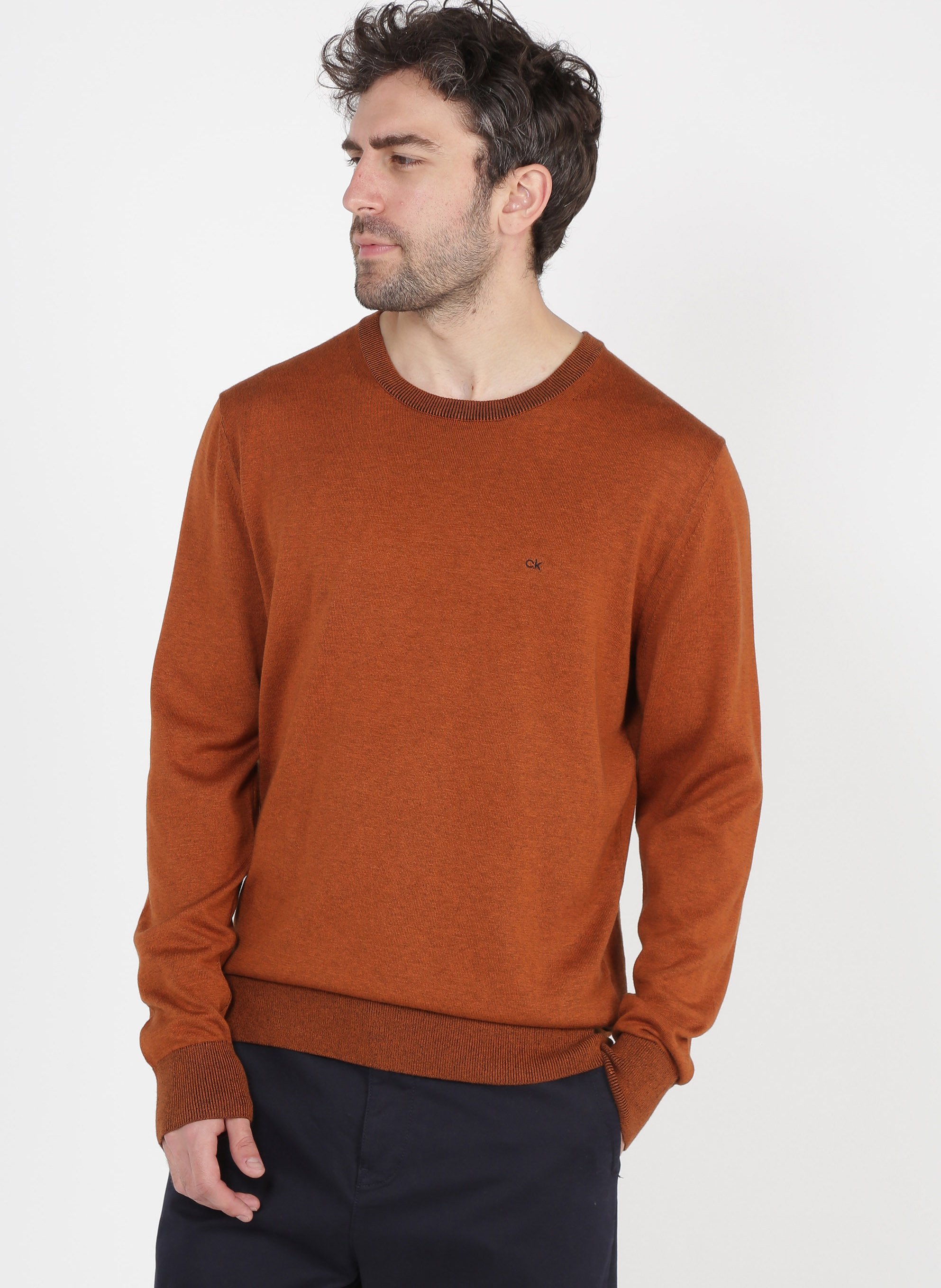 Sale Regular-fit Trui Van Katoen En Zijde Met Ronde Hals Brown Calvin Klein  - Heren | Place des Tendances