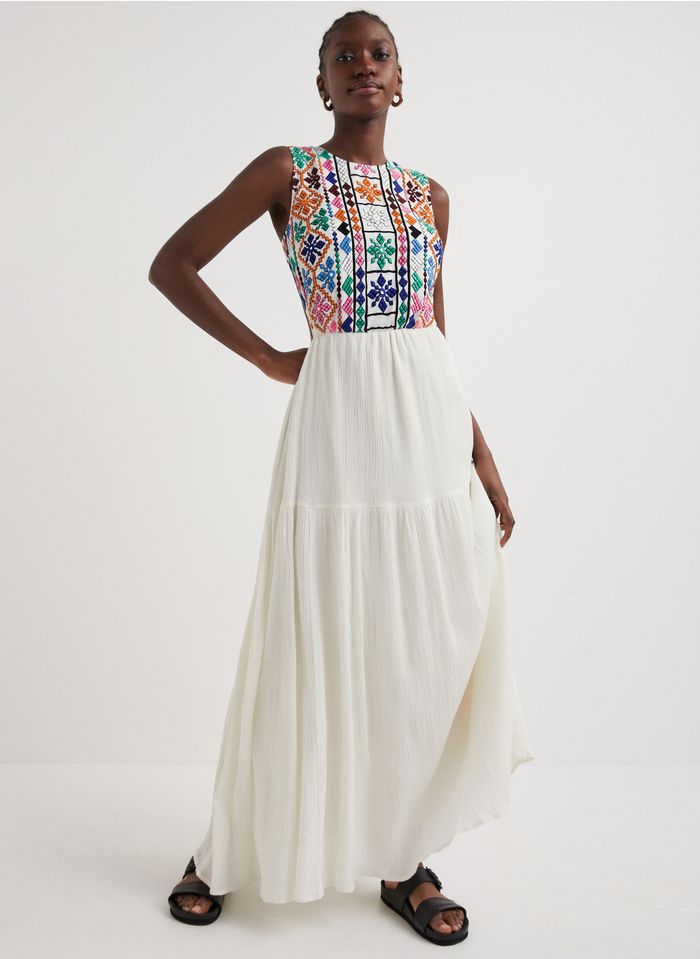 DESIGUAL Lange jurk met ronde hals en borduurwerk | Wit