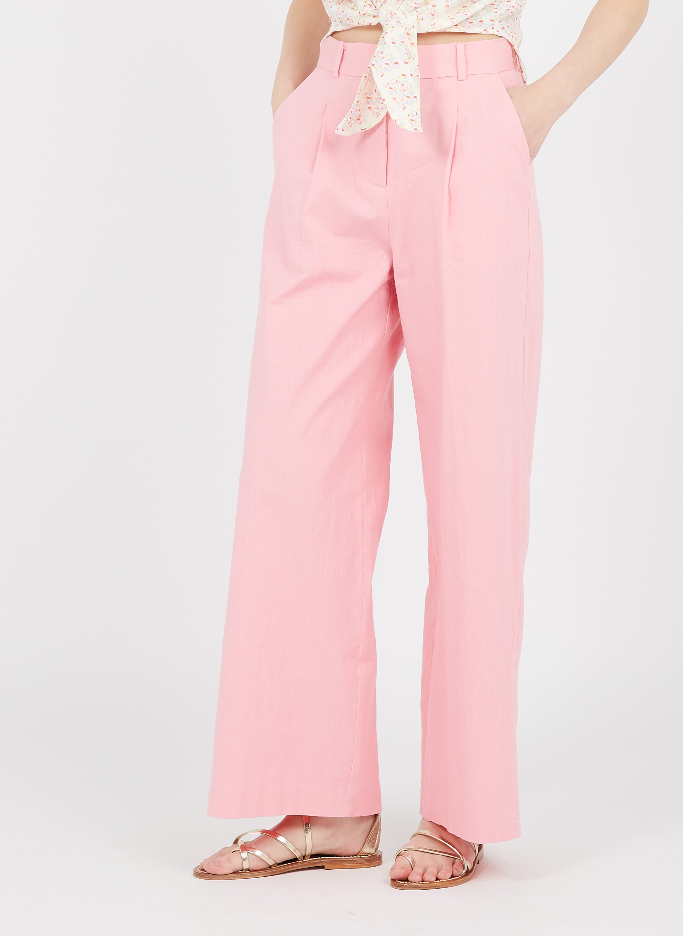 Wijde Broek Van Katoenmix Met Hoge Taille En Ceintuur Rose Frnch - Dames |  Place des Tendances
