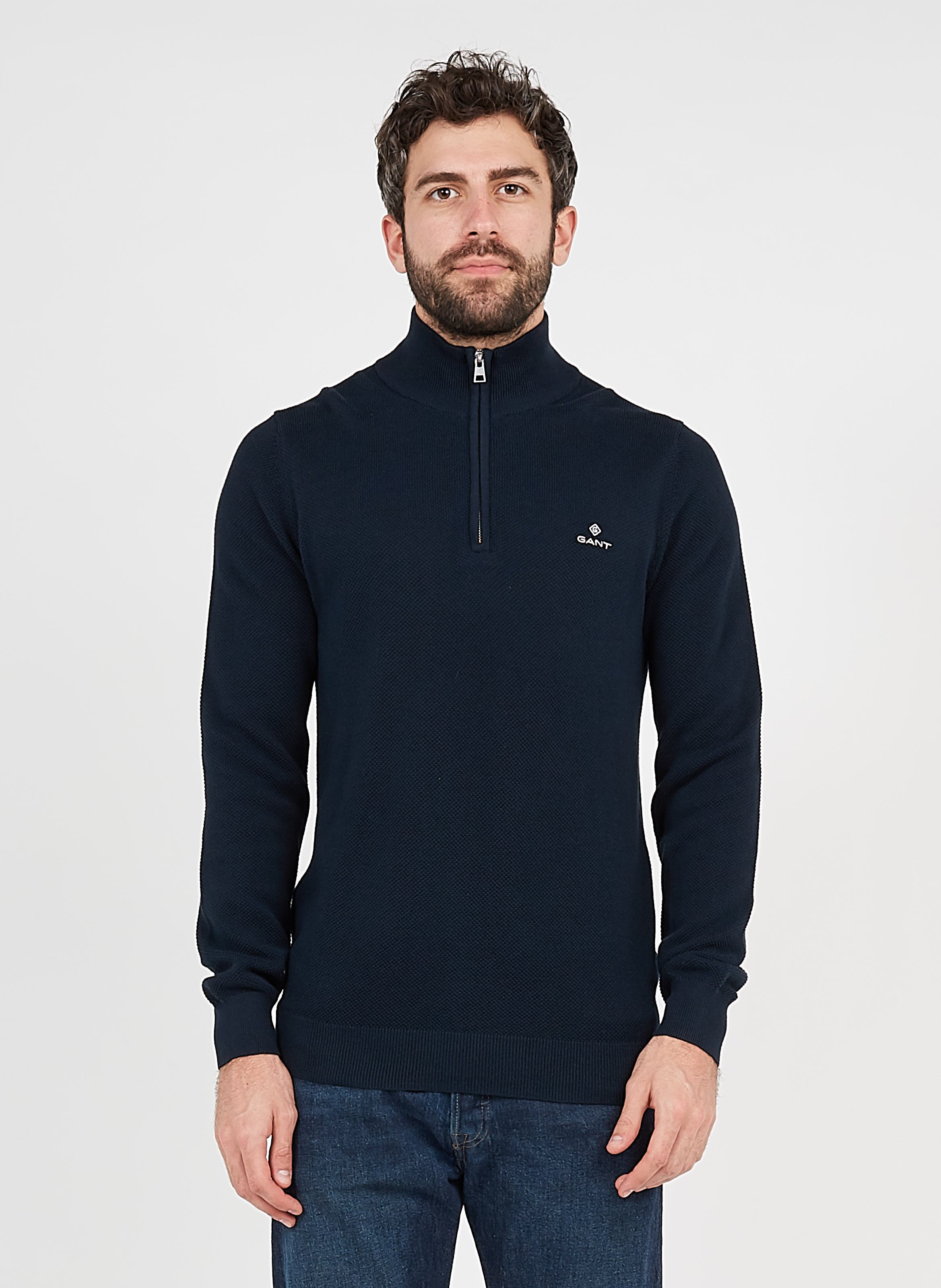 Regular-fit, Katoenen Trui Met Opstaande Kraag En Rits Bleu Nuit Gant -  Heren | Place des Tendances
