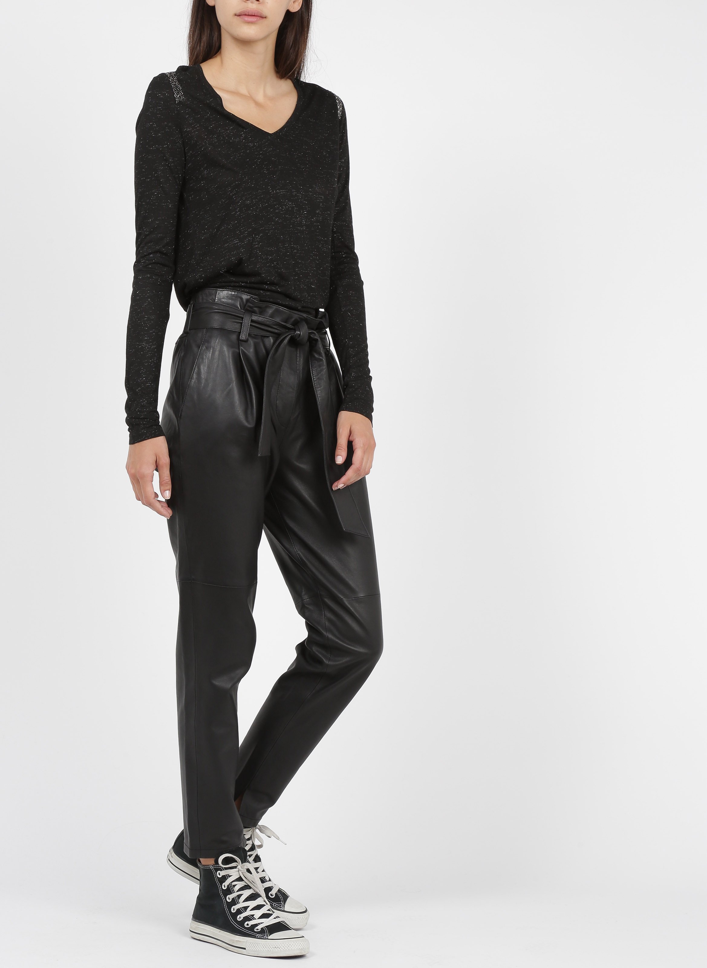 Straight-fit, Leren Broek Met Hoge Taille Noir Ikks - Dames | Place des  Tendances