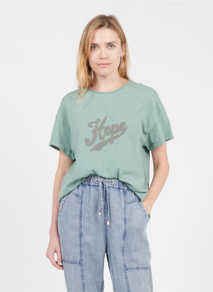 IKKS T-shirt van katoenmix met V-hals en kralen | Groen
