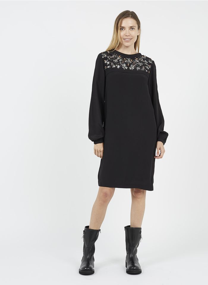 LA FEE MARABOUTEE Korte jurk met ronde hals met lovertjes en kraaltjes Zwart