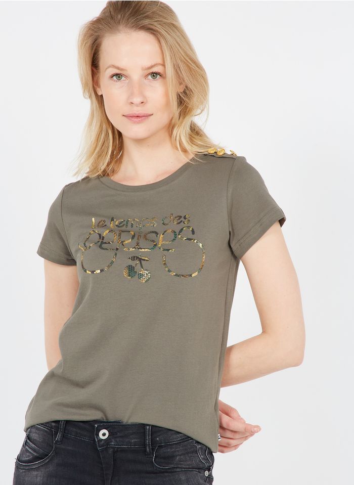 LE TEMPS DES CERISES Katoenen T-shirt met ronde hals en logo | Kaki