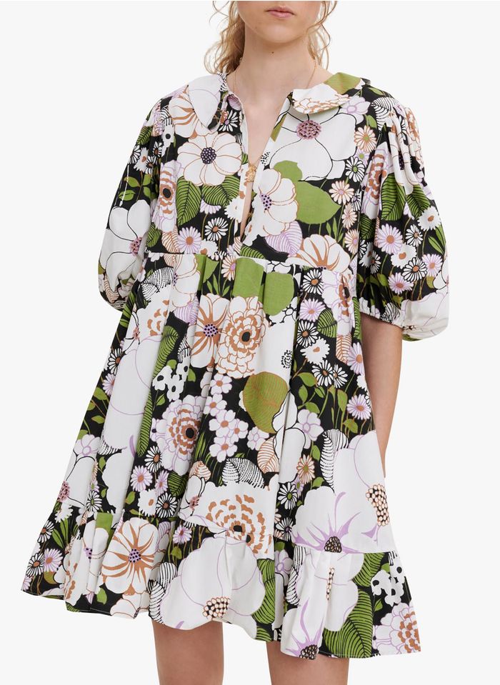 MAJE Korte, katoenen jurk met Peter-Pankraagje en print | Veelkleurig