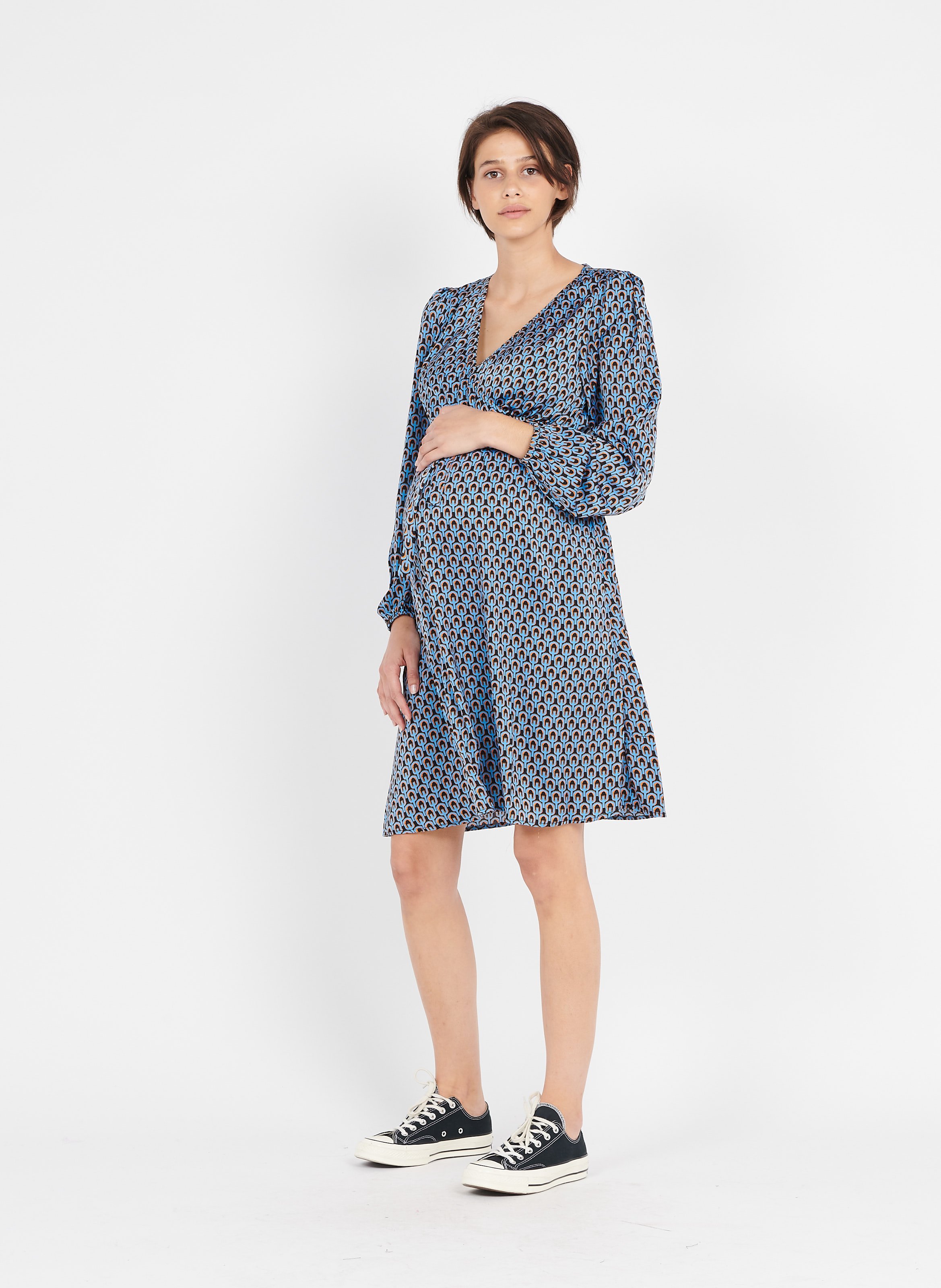 Lange Zwangerschapsjurk Met V-hals En Print Palace Blue Mamalicious - Dames  | Place des Tendances