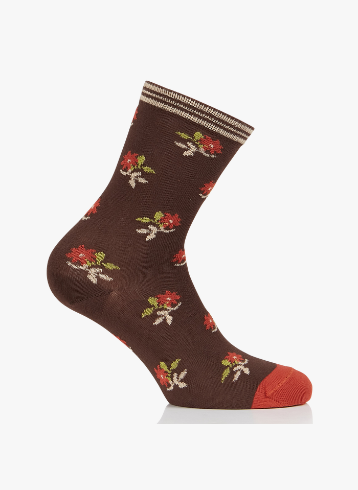 NICE THINGS Sokken van katoenmix met bloemenmotief | Bruin