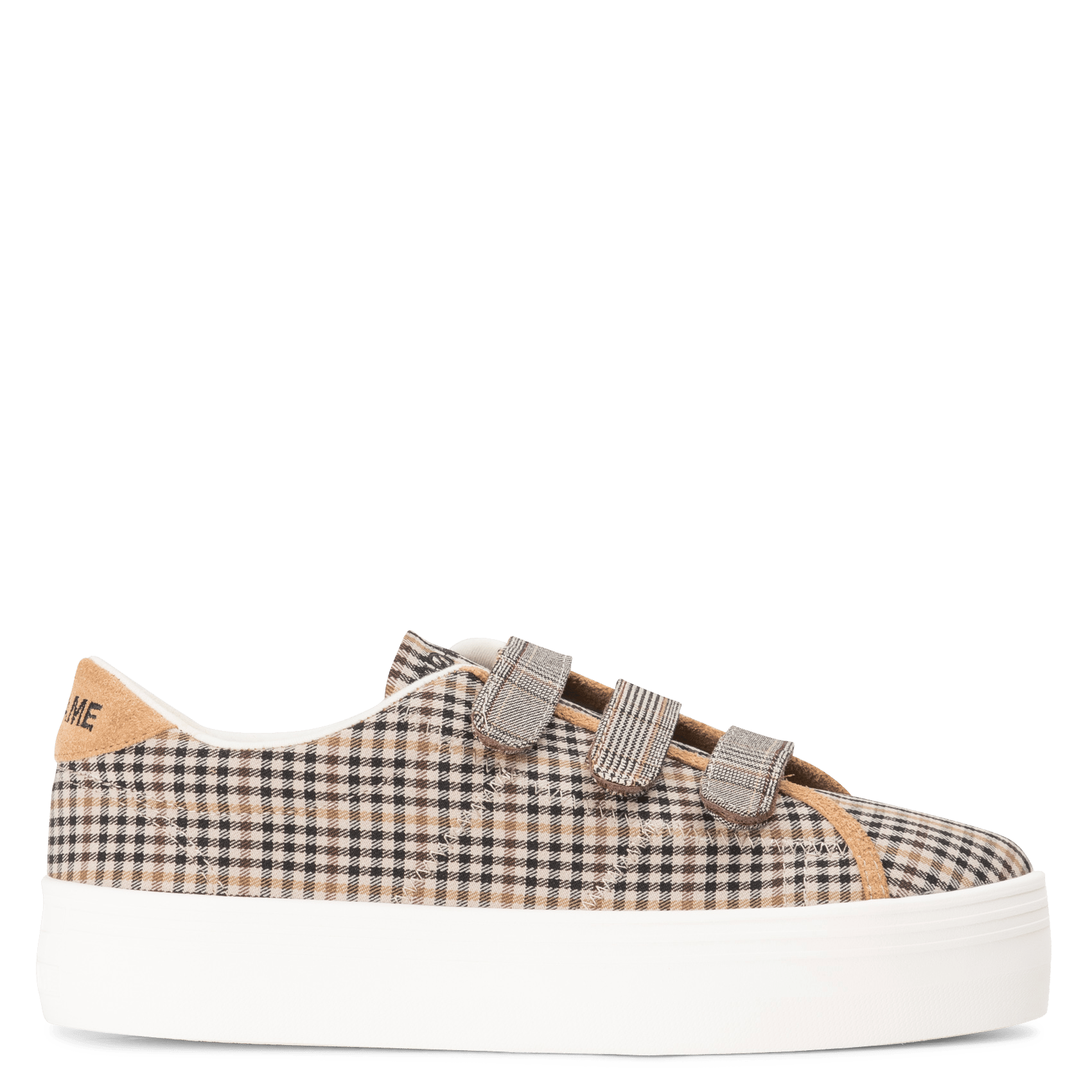 Beige stoffen sneaker met grove witte zool
