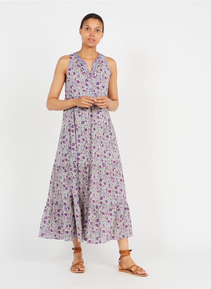 PABLO Lange, katoenen jurk met tuniekhals en bloemenprint | Beige