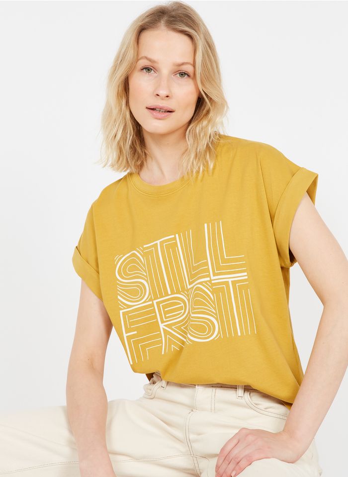 STELLA FOREST Katoenen T-shirt met ronde hals en zeefdruk | Geel