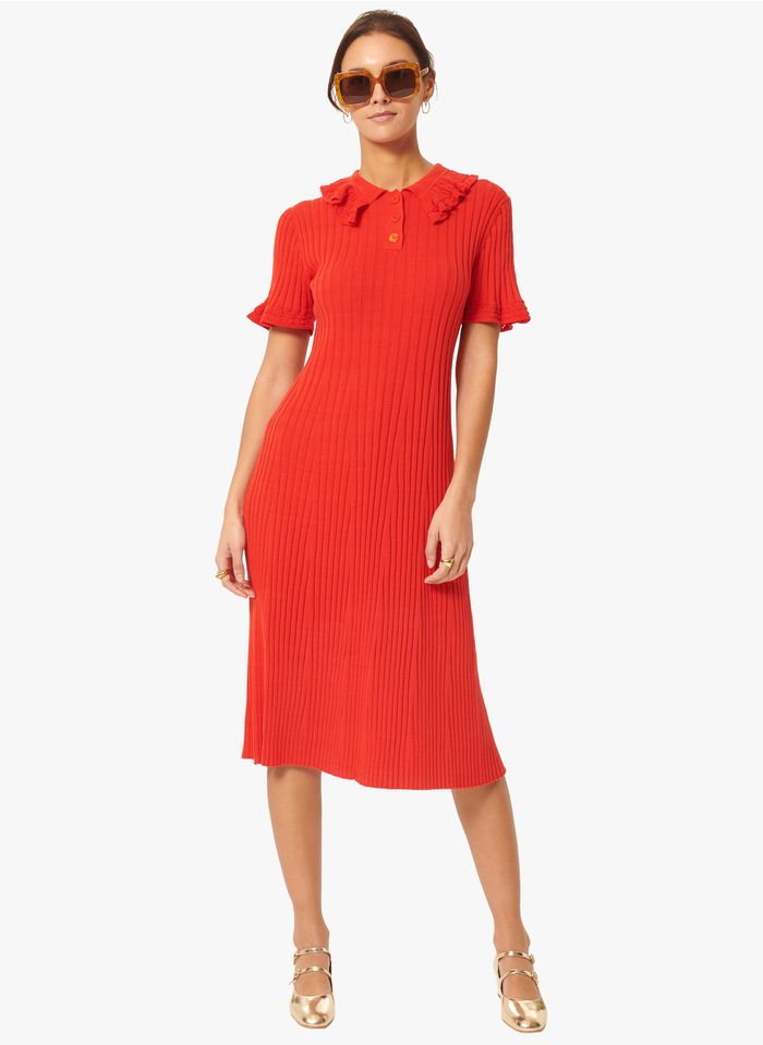 TARA JARMON Halflange, katoenen jurk met klassieke kraag en ribbeltextuur | Rood